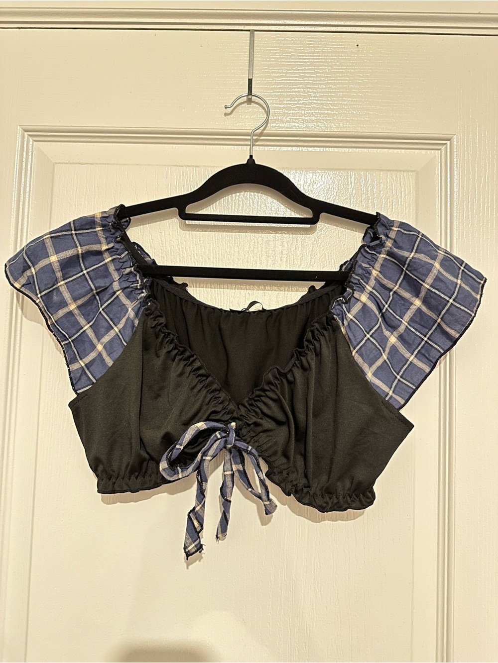 Women’s Black Crop Top with Blue Plaid Puff Sleeves